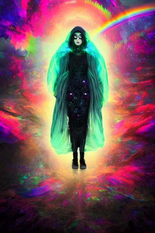 Image similar to a psychedelic full body portrait of a mysterious sorceress with a very long hooded cloak made of stars and clouds, by maciej kuciara and jason chan, ominous, cosmic horror, trending on artstation, ultra detailed, hyper realistic 4 k, volumetric light, iridescent, rainbow colors