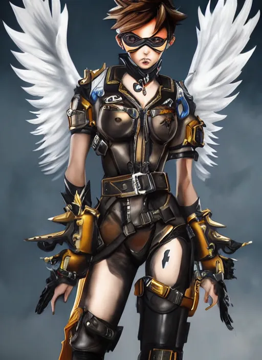 Image similar to full body artwork of tracer overwatch, wearing white latex and leather straps armor outfit, in style of mark arian, angel wings, dramatic painting, wearing detailed leather collar, ornate highly detailed armor, chains, black harness, detailed face and eyes,