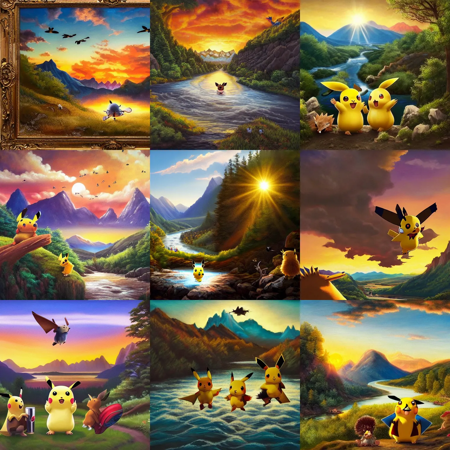 Prompt: A majestic landscape featuring a river, mountains and a forest. A group of birds is flying in the sky. There is an pikachu with a hedgehog standing next to him. The pikachu is wearing a backpack and drinking a beer. They are both staring at the sunset. Cinematic, very beautiful, oil painting