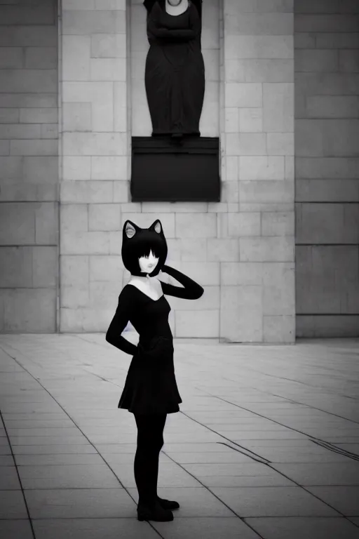 Image similar to lonely catgirl in style of diane arbus, dressed, symmetry, cinematic, elegant, luxury, perfect light, perfect composition, dlsr photography, sharp focus, 4 k, ultra hd, sense of awe