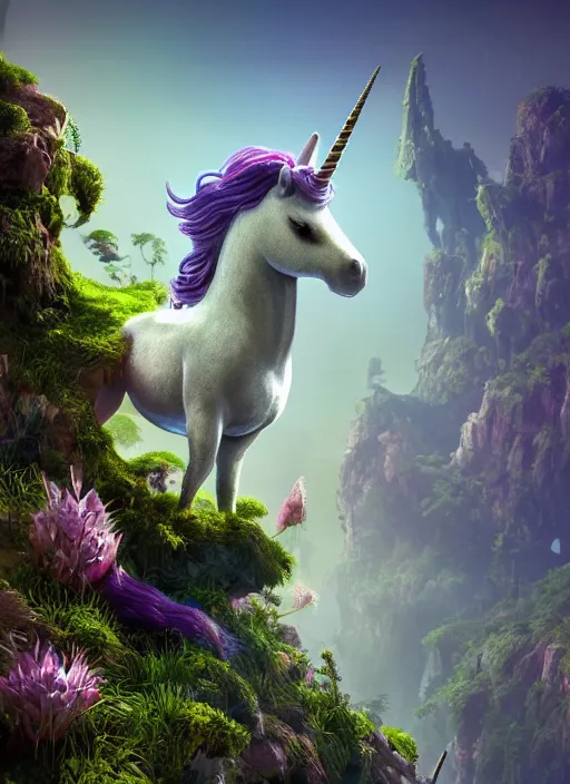 Image similar to unicorn on a lunarpunk biome, au naturel, hyper detailed, digital art, trending in artstation, cinematic lighting, studio quality, smooth render, unreal engine 5 rendered, octane rendered, art style by pixar dreamworks warner bros disney riot games and arcane.