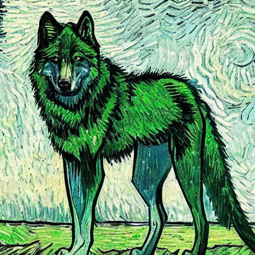 Image similar to green wolf, style of van gogh