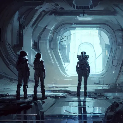 Image similar to concept art by greg rutkowski, three people wearing futuristic space gear, exploring the interior of an abandoned space station, brutalist futuristic interior, dark lighting atmosphere, detailed portraits, scary atmosphere, scifi, digital painting, artstation, concept art, smooth, sharp foccus ilustration, artstation hq