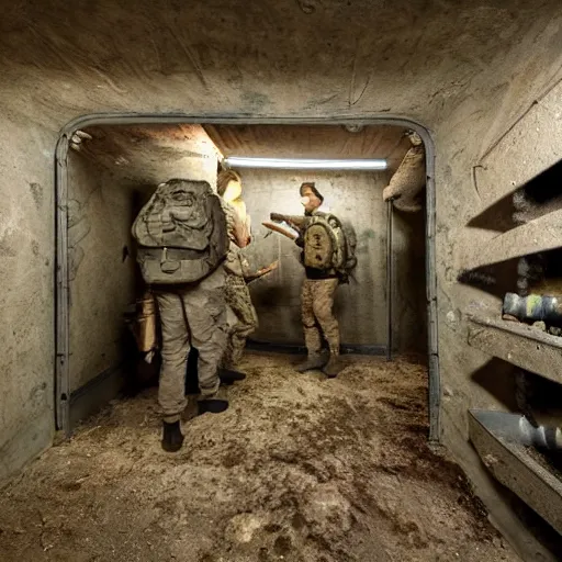 Prompt: interior of bunker filled with military and survival equipment, photorealistic, highly detailed