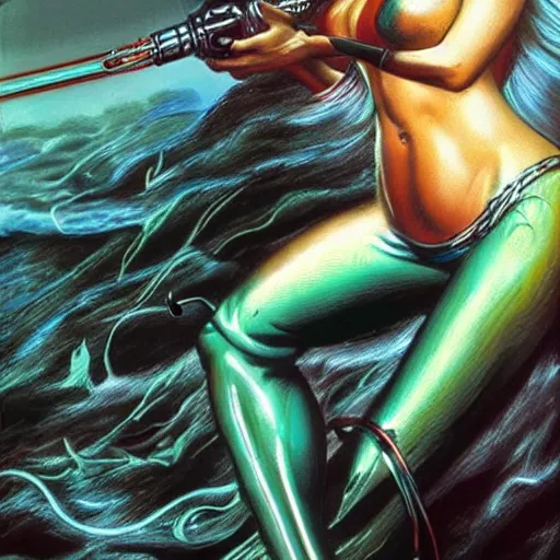 Image similar to mermaid cyborg with a laser whip, realistic, detailed, photorealistic, in the style of boris vallejo