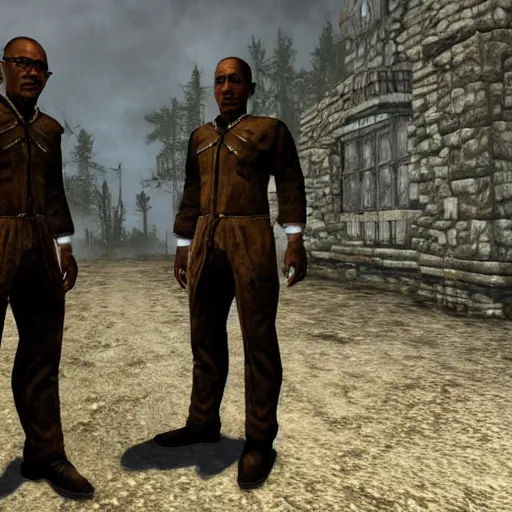 Prompt: gus fring in skyrim, redguard, tamriel, elder scrolls, adventuring gear, business suit, highly detailed, dark brotherhood