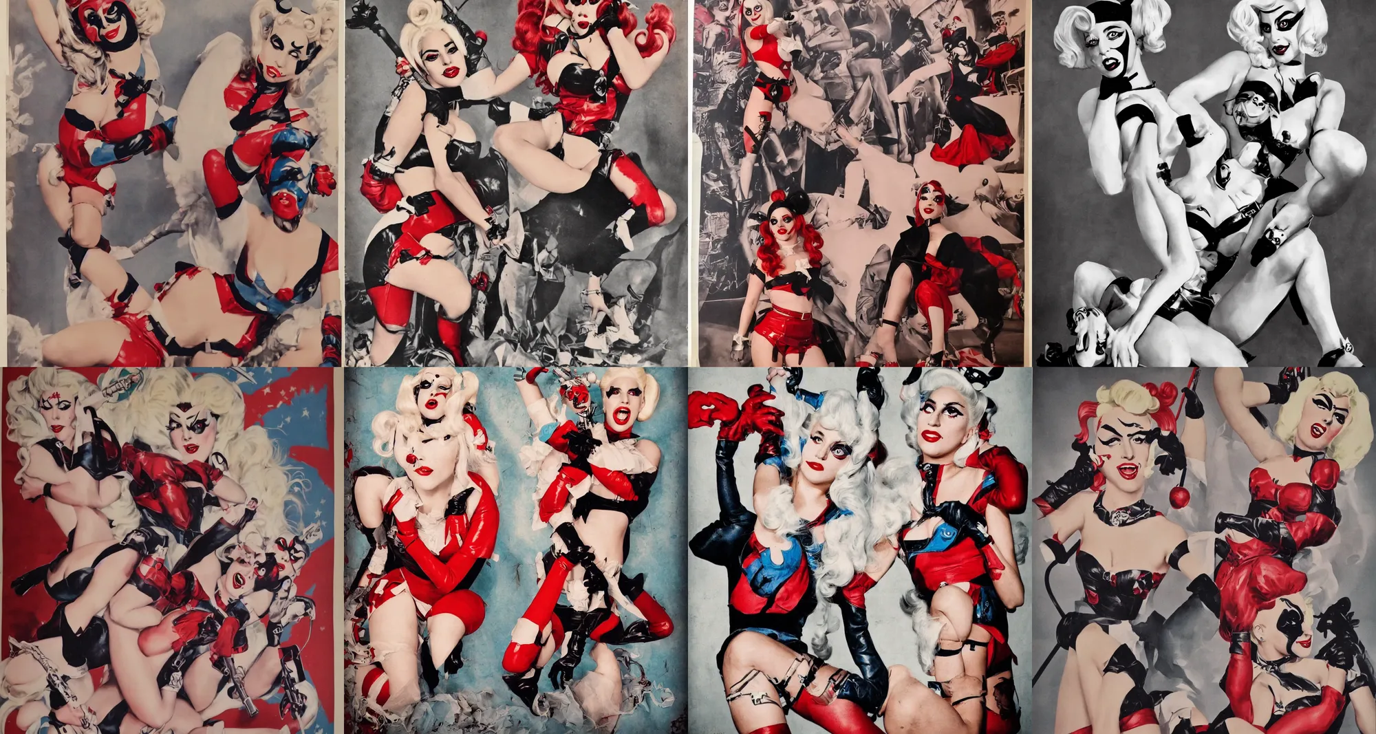 Prompt: a vintage pinup photo poster of lady gaga as harley quinn,