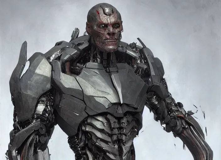 Image similar to willem dafoe as victor stone, full body concept, cyborg, borg, strogg, face of a man, terminator, flesh, quake strogg, doom demon, wolfenstein, monstrous, symmetry, symmetrical, concept art by ruan jia and greg rutkowski