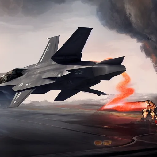 Prompt: A dragon being shotdown with a missile from an F-35 fighter jet, by Cedric Peyravernay, highly detailed, excellent composition, cinematic concept art, dramatic lighting, trending on ArtStation