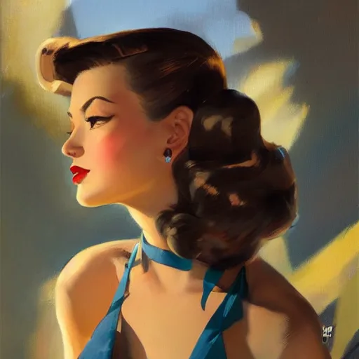 Image similar to greg manchess portrait painting of beauty 1 9 4 0's pinup as overwatch's characters, medium shot, asymmetrical, profile picture, organic painting, sunny day, matte painting, bold shapes, hard edges, street art, trending on artstation, by huang guangjian and gil elvgren and sachin teng