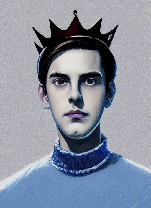 Image similar to portrait of teenage jughead jones wearing a light grey crown, crown, blue turtleneck, 1 9 5 0 s, closed eyes, photorealistic, black hair, glowing lighting, intricate, elegant, glowing lights, highly detailed, digital painting, artstation, concept art, smooth, sharp focus, illustration, art by wlop, mars ravelo and greg rutkowski