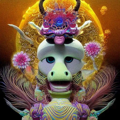 Image similar to 3 d muppet goddess frontal view full body, astral projection, with ram golden skull. beautiful intricately detailed japanese fractal kitsune mask and clasical japanese kimono. betta fish, jellyfish fractal, bio luminescent, plasma, ice, water, wind, creature, mandelbulb, fractal, artwork by tooth wu and wlop and beeple and greg rutkowski