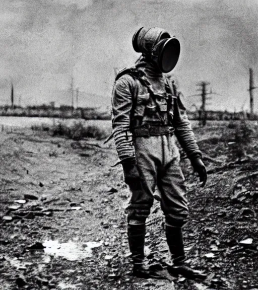 Prompt: man in chemical suit and gasmask at distance in chernobyl, ww1 techicolor film photo, grainy, high detail, high resolution