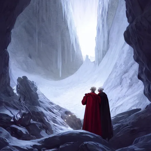 Image similar to dante alighieri and the poet virgil looking at the devil who is frozen in ice in a cavern 4 k, concept art, by wlop, ilya kuvshinov, artgerm, krenz cushart, greg rutkowski, pixiv. cinematic dramatic atmosphere, sharp focus, volumetric lighting, cinematic lighting, studio quality