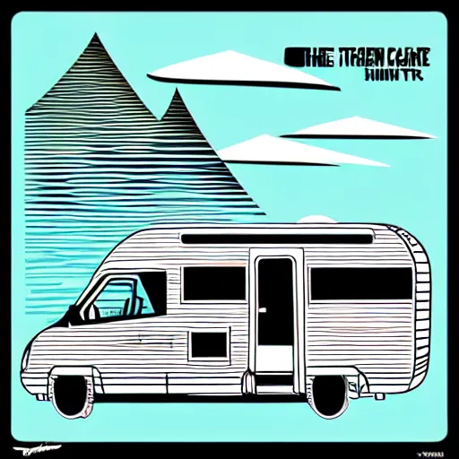 Image similar to stylized line art graphic of a white and black cute thor chateau! motorhome camper!!, mountains, colorful sunset!!, retro line art by tom whalen
