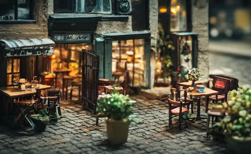 Image similar to miniature cafe diorama macro photography, cafe for mice, alleyway, ambient, atmospheric, british, bokeh, romantic