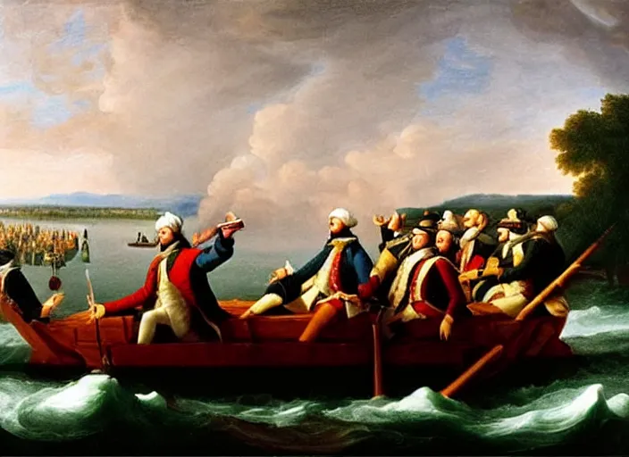 Image similar to oil painting of Washington Crossing the Delaware but Washington is taking a selfie with an iPhone