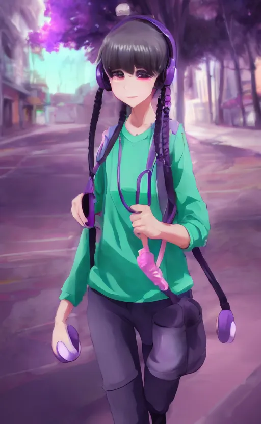 Image similar to anime girl with pink ponytail, wearing purple headphones, wearing a green sweater, with a smile on her face and her eyes closed, walking down a street, dynamic lighting, photorealistic fantasy concept art, trending on art station, very detailed, anime concept art, stunning visuals, creative, cinematic, ultra detailed