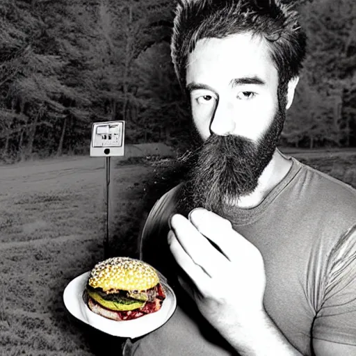 Image similar to nightime infrared trail cam footage of top-heavy 20 year old with messy black hair and beard stuffing his face with cheeseburgers and eating like a pig