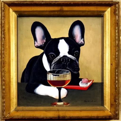 Prompt: a portrait of a french bulldog drinking wine and wearing an elizabethan ruff, oil painting