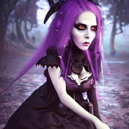 Image similar to full shot portrait of angry darkness Clara Morgane as a cute anime girl at moonlight, gothic wearing, inspired by Tim Burton, Norihiro Yagi, Marc Simonetti, Amano, detailed, unreal engine 4k volumetric light, fog,