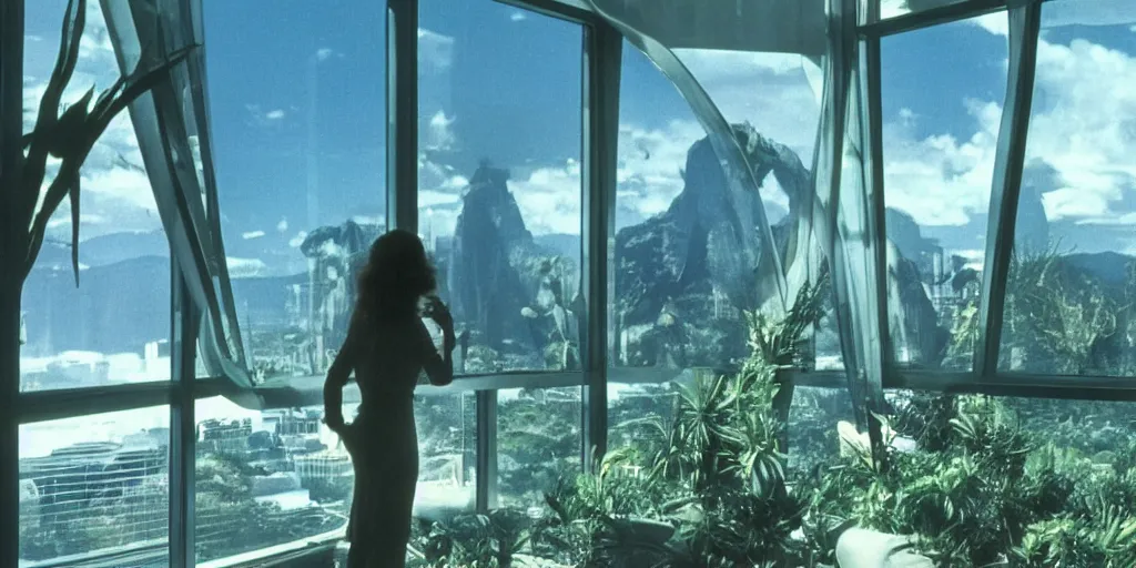 Image similar to a luxury apartment with large windows, 1 9 8 0 s science fiction, windows overlooking an alien blue cactus jungle landscape, sci - fi film still, screenshot from a science fiction movie, ridley scott,