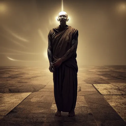 Image similar to Half cyborg half monk discovering enlightenment, dark atmosphere, 8k, cinematic lighting, symmetry, elegant, ornate, hyper realistic, zen