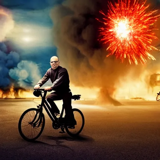 Image similar to photo of walter white riding a bike with an exploding building behind him, color, cinematic lighting