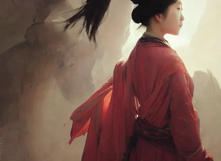 Prompt: top angle view, wide lens of asian girl wearing traditional as, beautiful concept painting by caravaggio, ruan jia, jakub rebelka, artgerm, greg rutkowski, edgar maxence