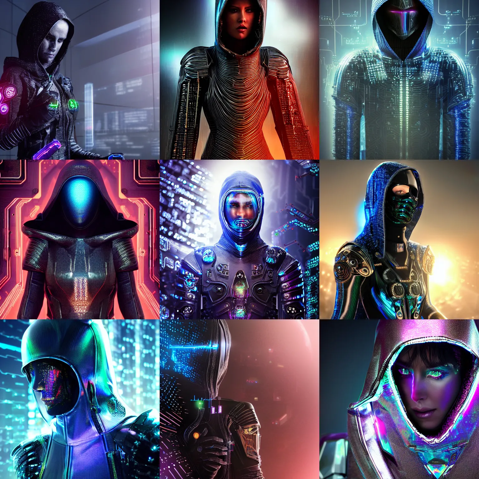 Prompt: Unreal realistic render of a dark hooded powerful elegant elite assassin wearing iridescent armor coated in complex circuitry and motherboards and microchips (extremely detailed, iridescent, high quality, epic, futuristic, octane render, beautiful, shimmering, deity, epic dark megastructure background)