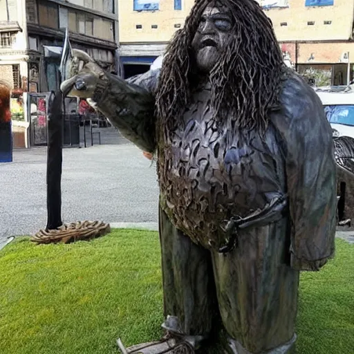 Image similar to A sculpture made of recycled materials but with perfect definition, in the shape of Hagrid de Harry Potter