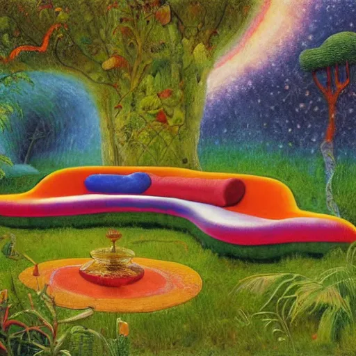 Image similar to psychedelic couch sofa in the lush forest, milky way, designed by arnold bocklin, jules bastien - lepage, tarsila do amaral, wayne barlowe and gustave baumann, cheval michael, trending on artstation, mediterranean, star, sharp focus, colorful refracted sparkles and lines, soft light, 8 k 4 k