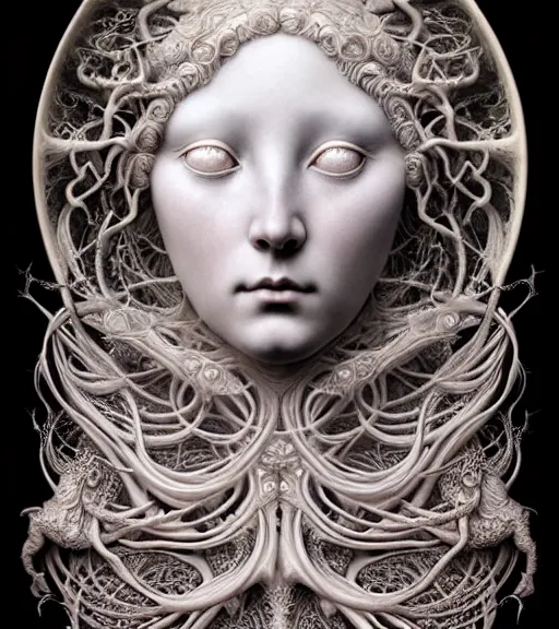 Prompt: beautiful moon goddess detailed realistic porcelain face portrait by jean delville, gustave dore, iris van herpen and marco mazzoni, art forms of nature by ernst haeckel, art nouveau, symbolist, visionary, gothic, neo - gothic, pre - raphaelite, fractal lace, intricate alien botanicals, ai biodiversity, surreality, hyperdetailed ultrasharp octane render