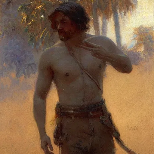 Image similar to a man with a shoulder length haircut, painting by Gaston Bussiere, Craig Mullins