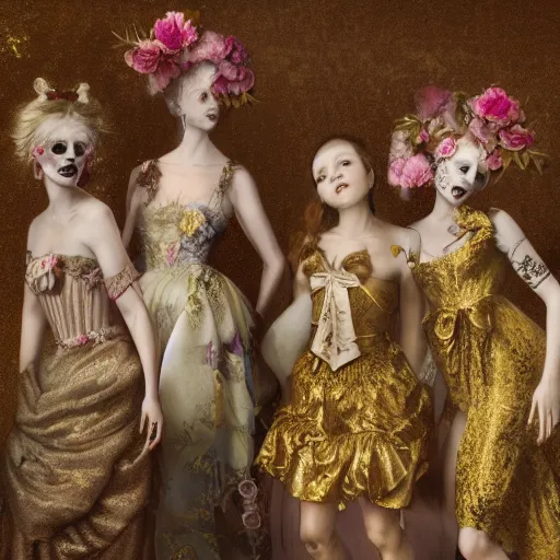 Image similar to 8k, octane render, fine detail, realism, tonalism, renaissance, rococo, baroque, group of creepy young ladies wearing long harajuku manga dress with flowers and skulls, background chaotic gold leaf flowers