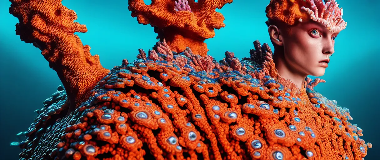 Image similar to hyperrealist highly detailed english medieval portrait of high fashion monster wearing reef armor, radiating atomic neon corals, concept art pascal blanche dramatic studio lighting 8k wide angle shallow depth of field