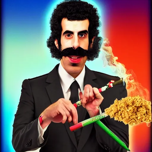 Image similar to Sacha Baron Cohen as borat smoking a giant rolled cannabis cigarette, caricature, smoke, amazing detail, digital art, artstation