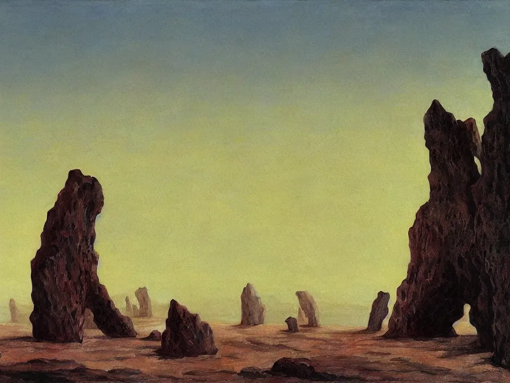 Prompt: Giant crystal rocks at the edge of a sandy beach. Desolate, looming, trenchant, abyss. Painting by Caspar David Friedrich, Beksinski