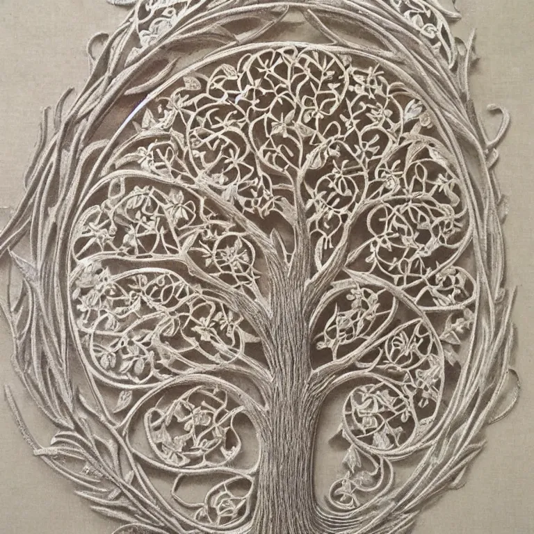 Image similar to vintage art nouveau style tree of life, detailed filigree fretwork lacework