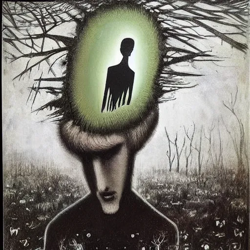 Image similar to A beautiful mixed media art of a man's head is floating in the air, surrounded by a halo of light. His eyes are wide open and his mouth is gaping in a scream. His hair is wild and his clothes are in tatters. Behind him is a dark, ominous forest. Google by Yves Tanguy romantic