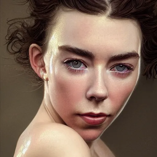 Image similar to stunning photo of vanessa kirby, dark - haired goddess, a beautiful closeup, she has tears running down her face, wet lips, perfect eyes, insanely detailed, elegant, by wlop, rutkowski, livia prima, mucha,