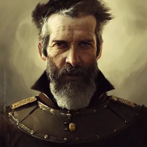 Prompt: Portrait of a middle aged general with big sideburns, muttonchops, mutton chops, detailed face, fantasy, highly detailed, cinematic lighting, digital art painting by greg rutkowski