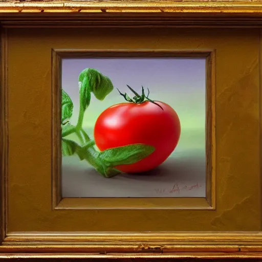 Prompt: a beautiful matte painting of a very beautiful tomato, by steve argyle and mark arian