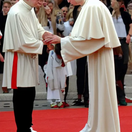 Prompt: john paul ii admiring a yeezy foam runner sneaker in his hands