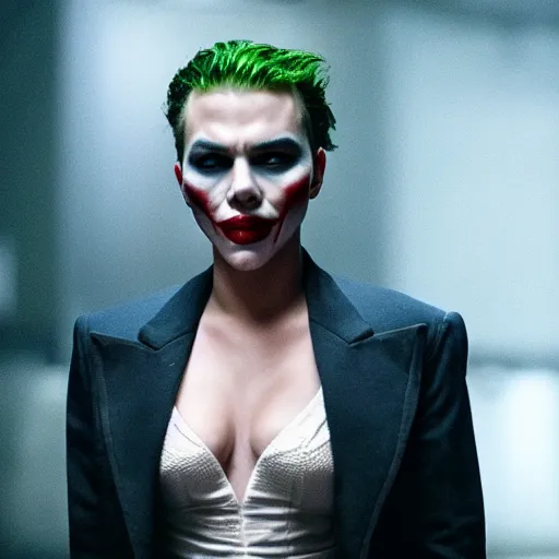 Image similar to stunning awe inspiring scarlett johansen as the joker, movie still 8 k hdr atmospheric lighting