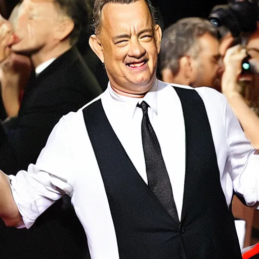 Prompt: tom hanks removing his skin suit and returning to his tank