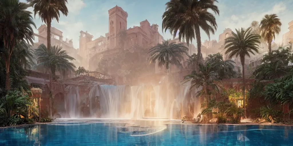 Image similar to beautiful pool waterfalls surrounded by palm trees, moroccan tile archways, industrial buildings, ivory towers, sun setting, ross tran, fantasy, james jean, peter morbacher, angelarium, alchemy, luxury, heavenly light, soft illumination, trending on artstation, cinematic lighting, digital painting, octane render, artgerm