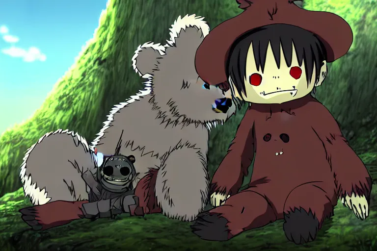 Prompt: high resolution 4 k gore, blood, furry bears horror made in abyss design bizarre design body a field of cool colors shading war bloody war wounded country bears rock afire explosion billy bob made in abyss body horror bears fluffy cute deformed black skydave sim rosewood art in the style of akihito tsukushi and jim henson - h 5 7 6