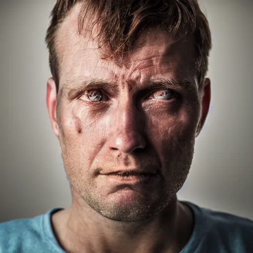 Image similar to oversaturated close up photograph of a sweaty man who has just woken up to a light shining in his face, wide fov, dark room, poor lighting