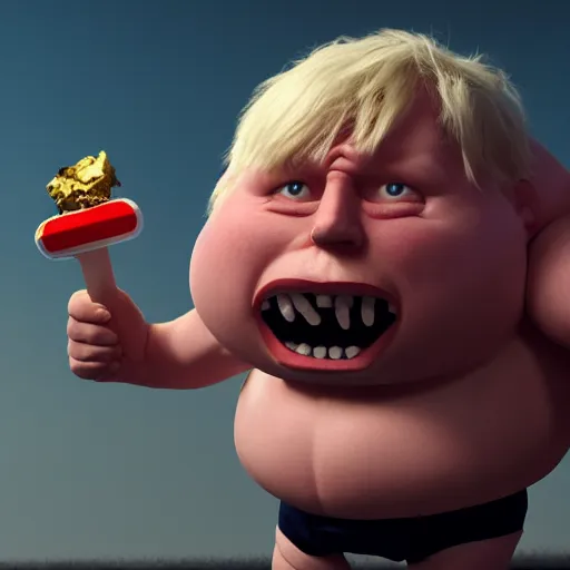 Image similar to Boris Johnson with captain underpants body, realistic artstyle, wide shot, dramatic lighting, octane render, hyperrealistic, high quality, highly detailed, HD, beautiful, cinematic, 8k, unreal engine, facial accuracy, symmetrical